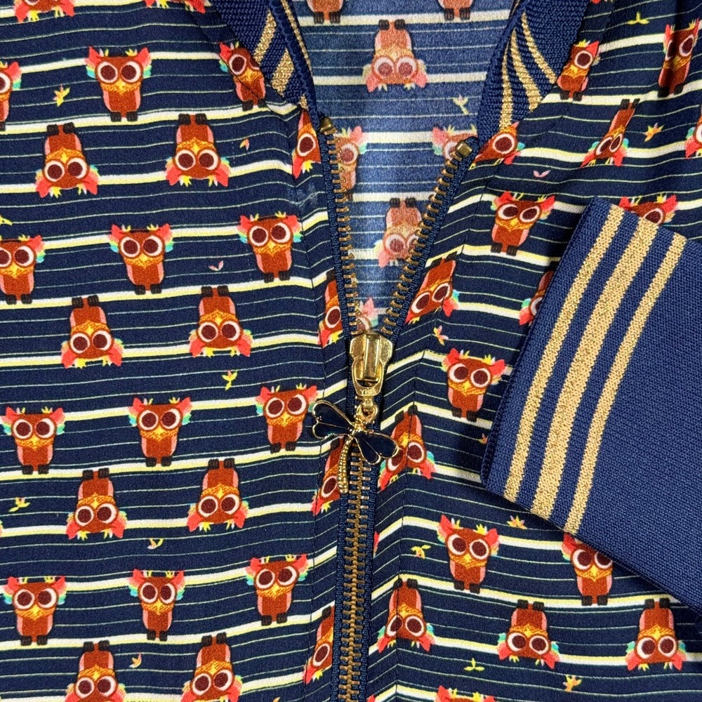 Farm Rio Bomber Jacket Womens Medium Navy Blue Owl Print Metallic RARE Zip Up - Picture 3 of 9
